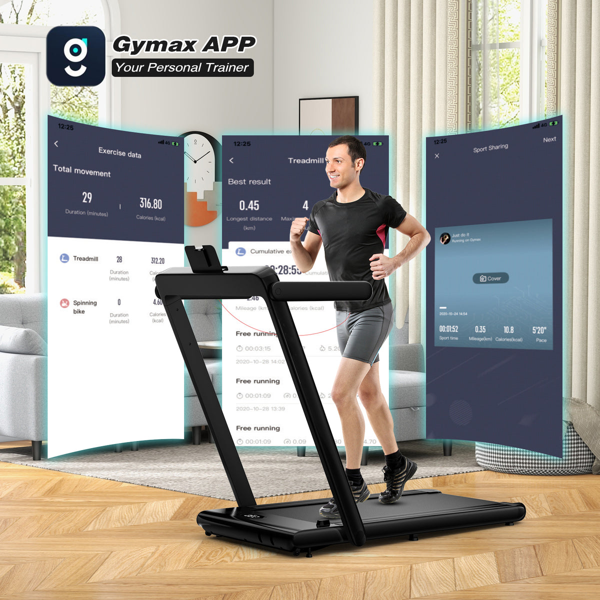 2.25 HP Foldable Treadmill, the running machine being used with digital app interfaces floating in the background