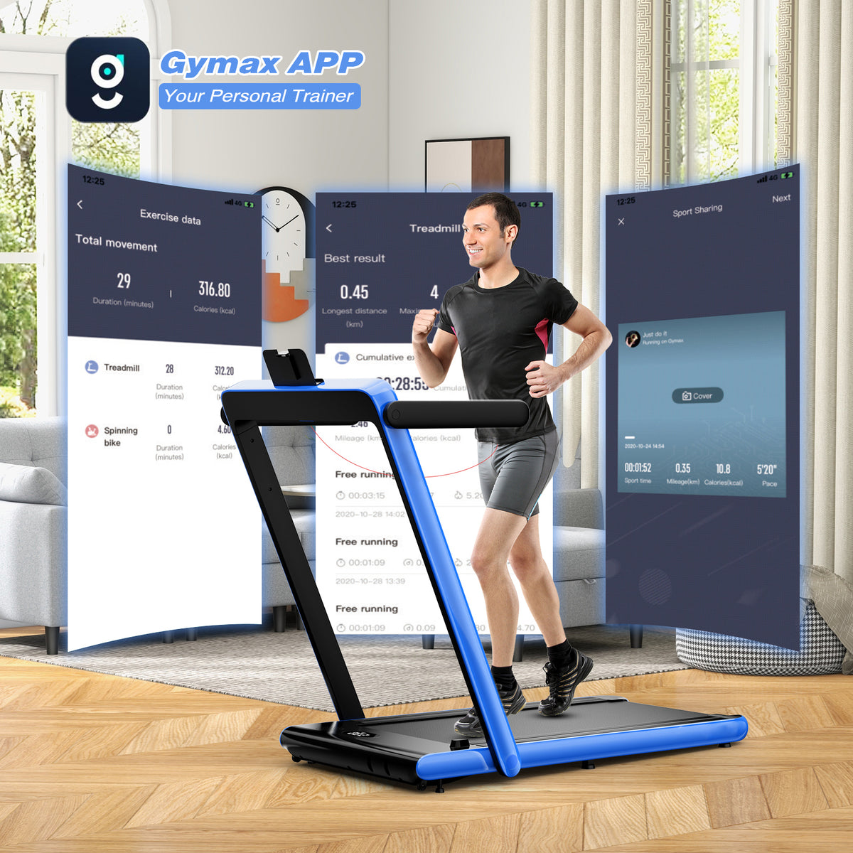 Man running on the treadmill with app interface overlays