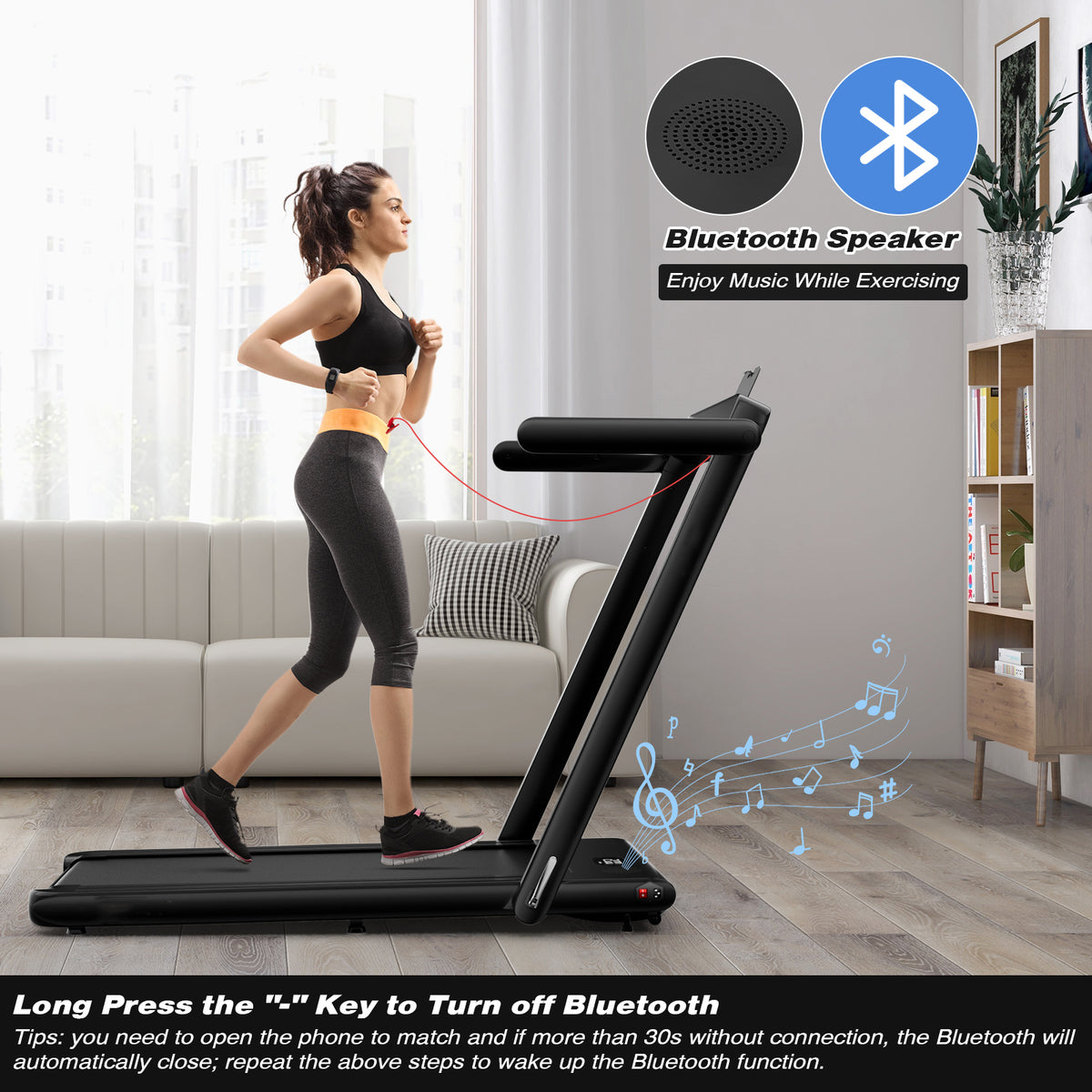 2.25 HP Foldable Treadmill, the exercise equipment featuring a bluetooth speaker icon and music notes