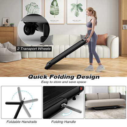 the folding treadmill showing transport wheels and handrail adjustment mechanisms