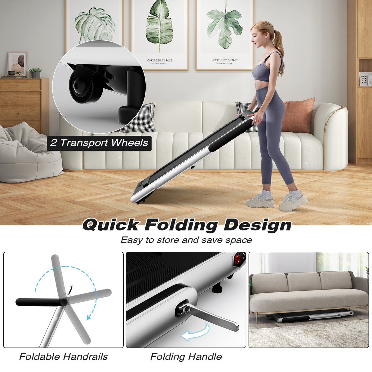 The folding treadmill showing transport wheels and folding handle