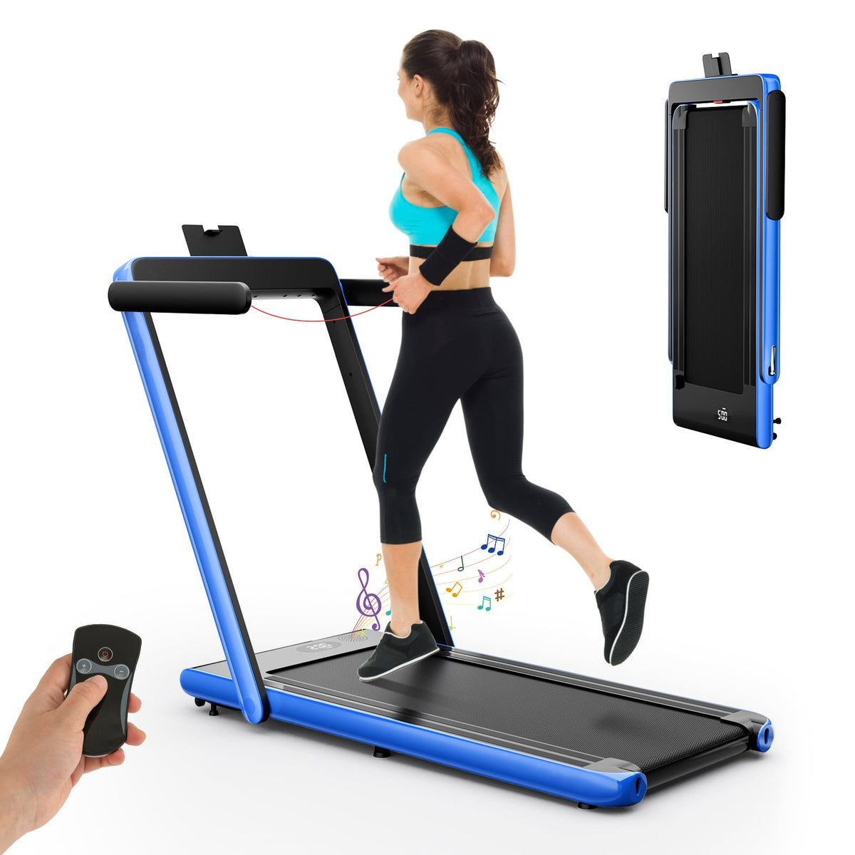 2.25 HP Foldable Treadmill navy blue, a woman running on it with a remote control in hand