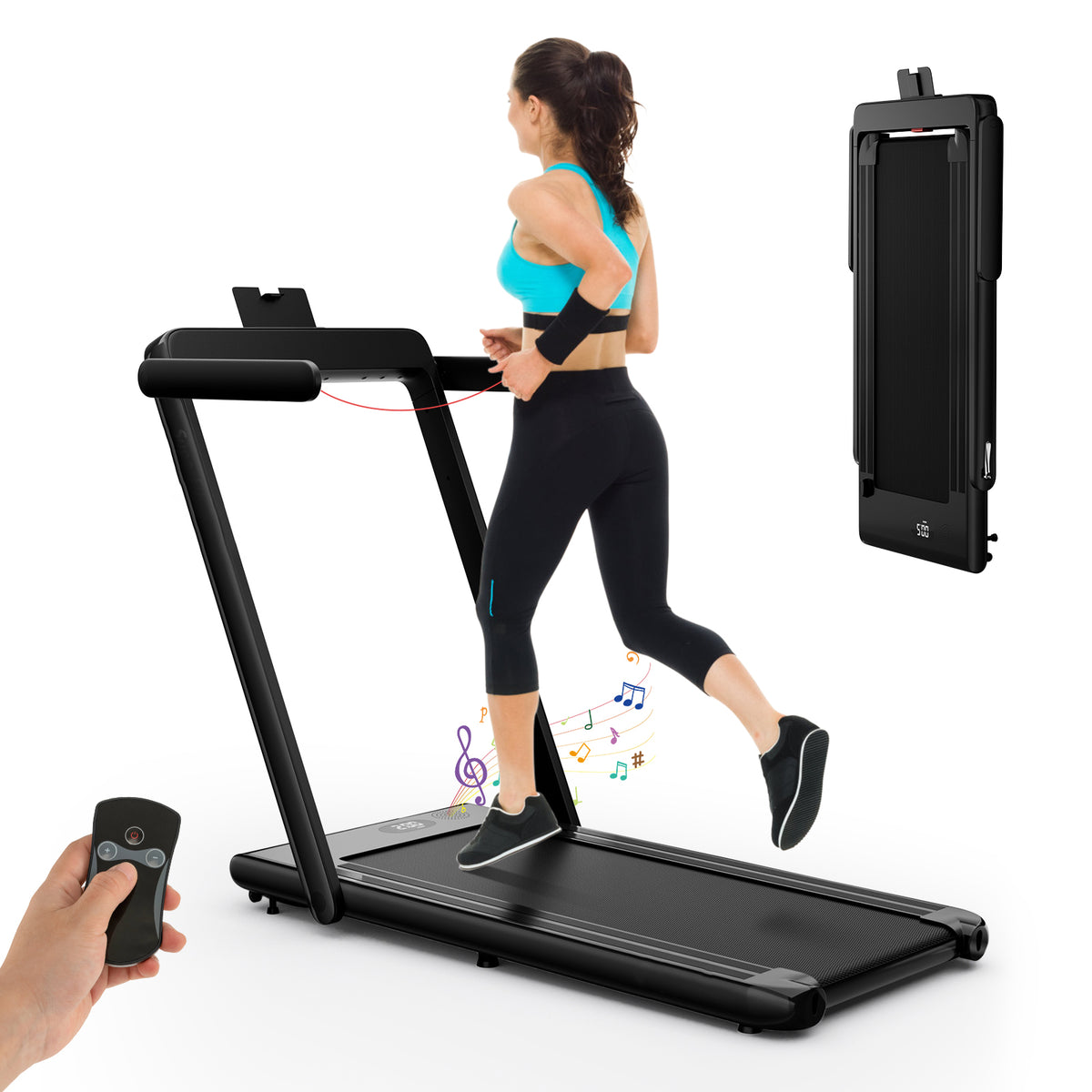 2.25 HP Foldable Treadmill shown in use with a remote control and a folded version in the corner