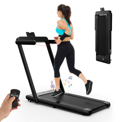 2.25 HP Foldable Treadmill shown in use with a remote control and a folded version in the corner