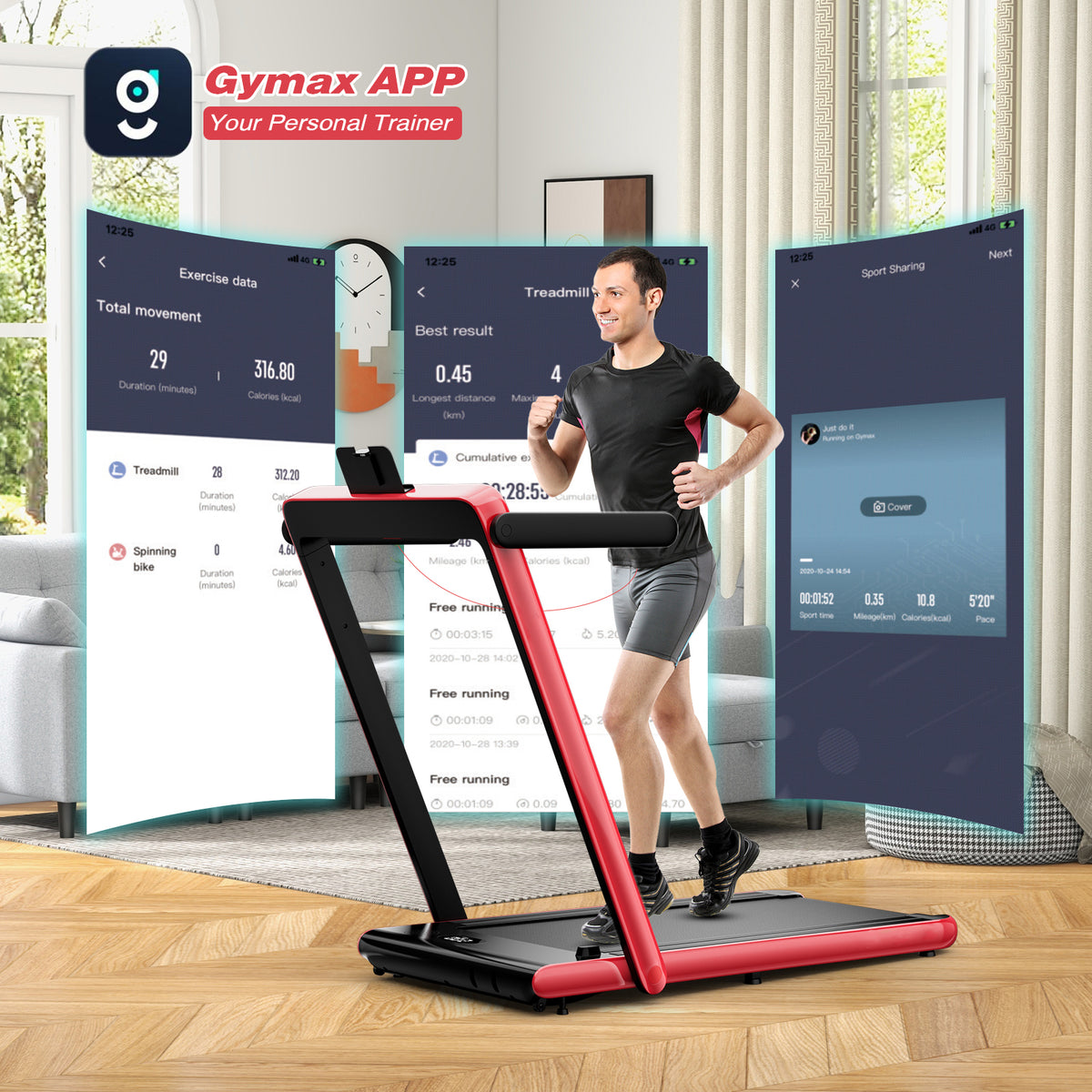 A man running on a red treadmill with app screens showing fitness data in the background