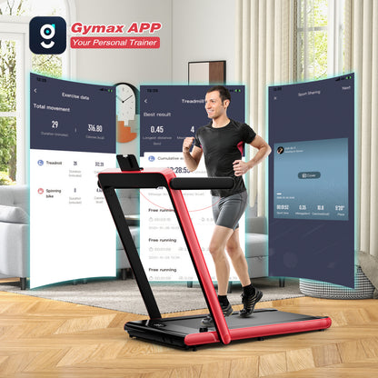 A man running on a red treadmill with app screens showing fitness data in the background