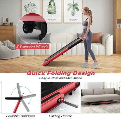 A red foldable treadmill showing its quick folding design with a folding handle and foldable handrails