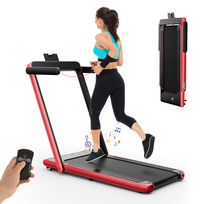 2.25 HP Foldable Treadmill a red treadmill with a person running on it and a remote control