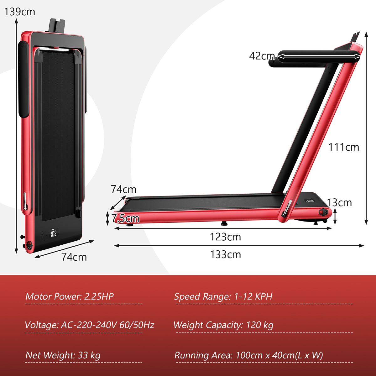 A red foldable treadmill with dimensions shown for height width and length