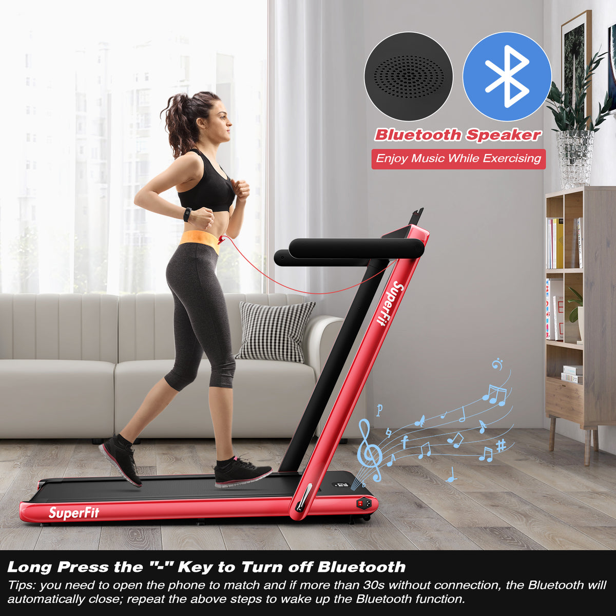A red treadmill with Bluetooth speaker functionality and music notes shown