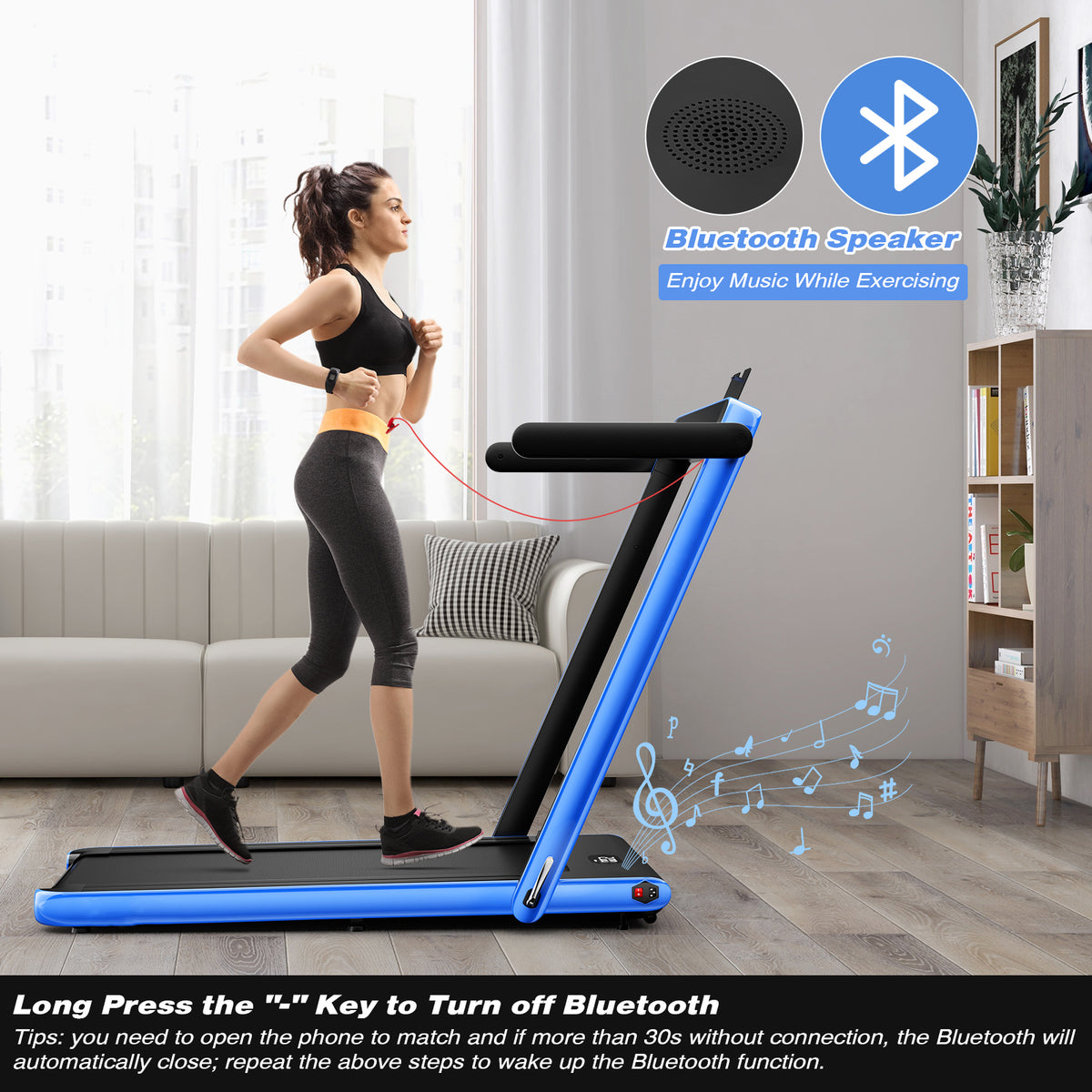 Woman running on the navy blue treadmill with Bluetooth speaker icon