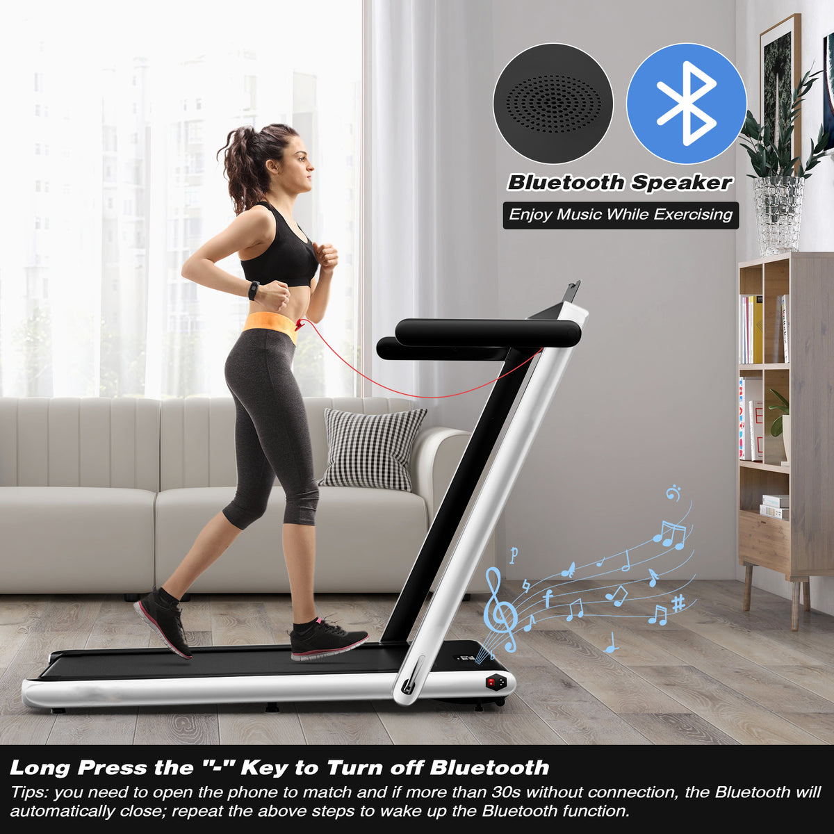 Woman running on the treadmill with Bluetooth speaker icon