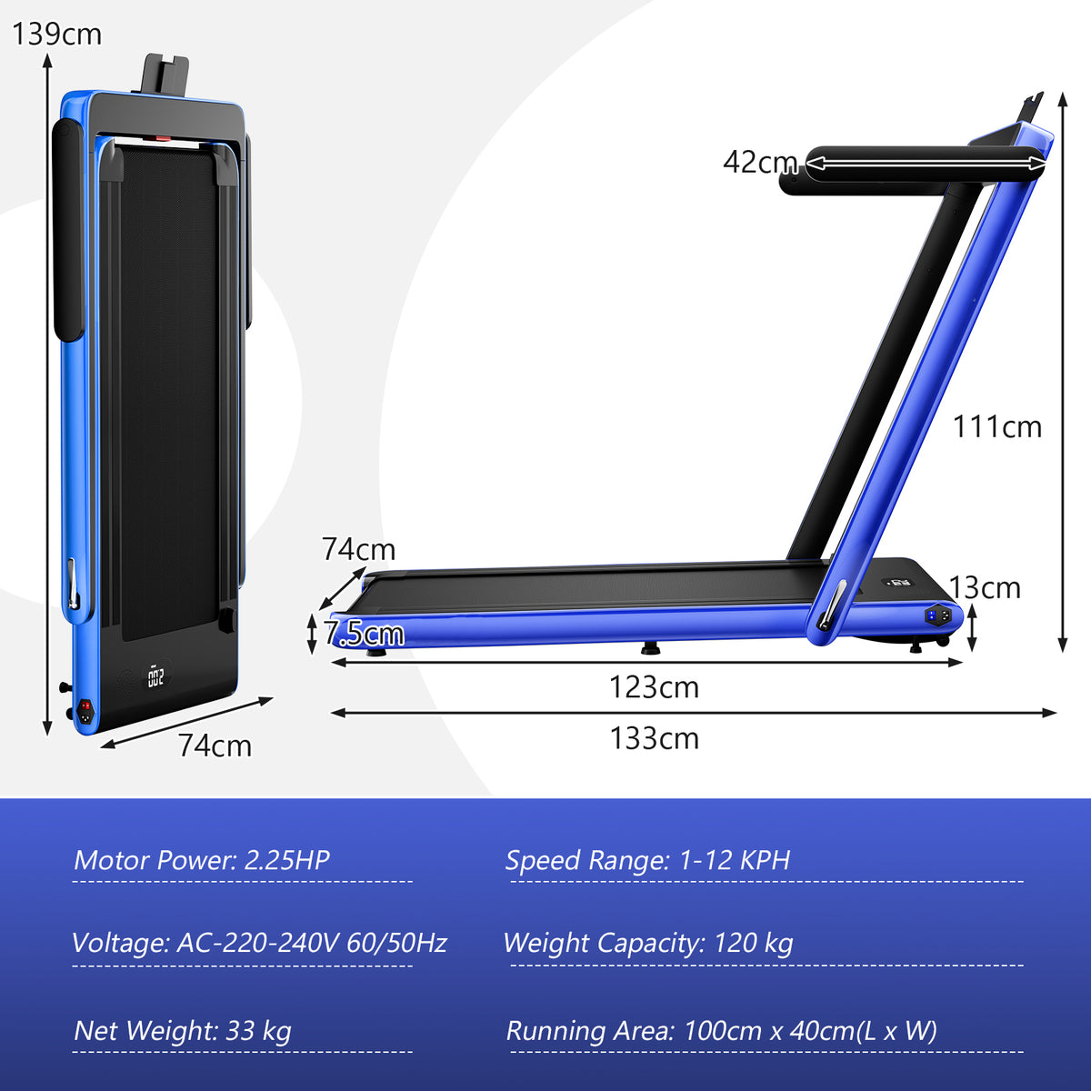 Dimensions of the navy blue treadmill laid out with measurements