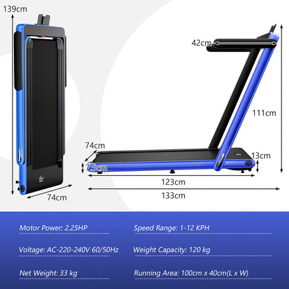 Dimensions of the navy blue treadmill laid out with measurements