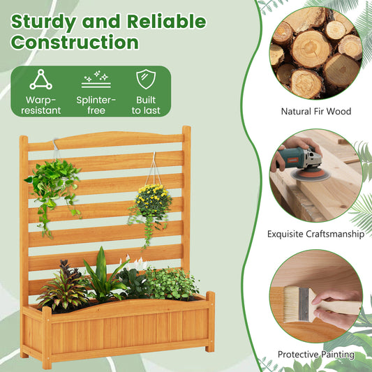The wooden garden bed with planter box, showing its construction and natural wood finish