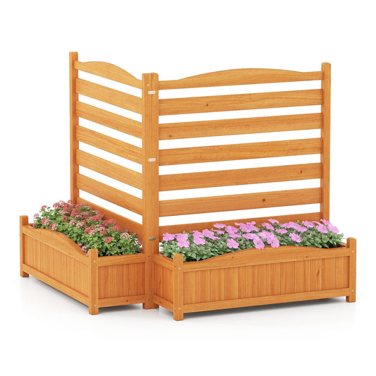 2/3-Panel Freestanding Air Conditioner Fence with Planter Box-Yellow-2-Panel, a wooden garden bed with a slatted screen