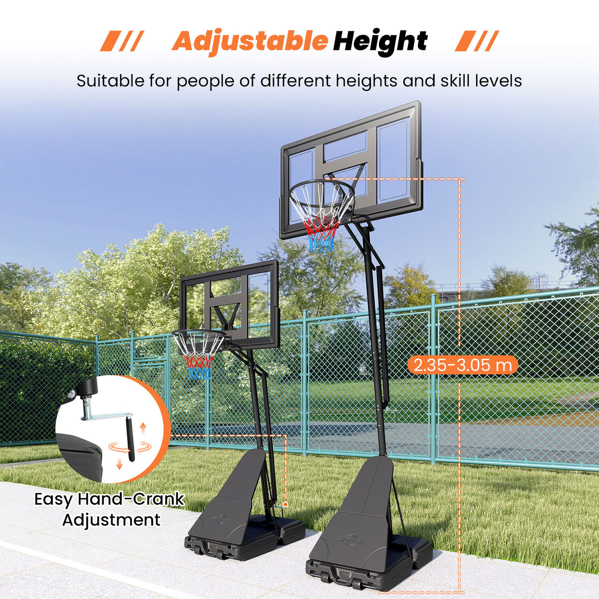 Two basketball hoops showing height adjustment mechanism