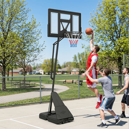 Men playing basketball on an outdoor court with the hoop