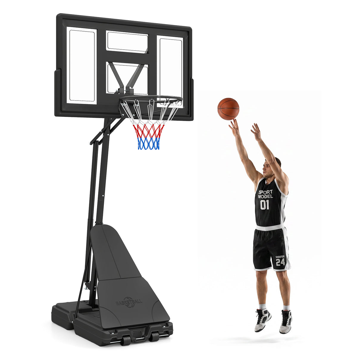 A man shooting a basketball towards the hoop against a white background
