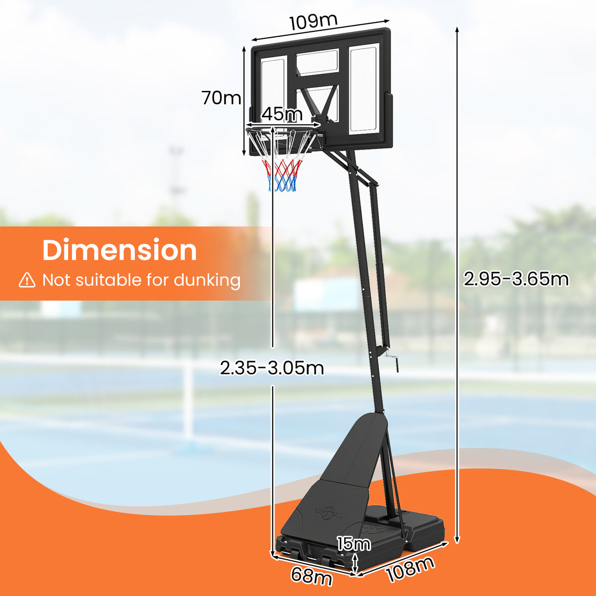 A basketball hoop with dimensions shown in metres