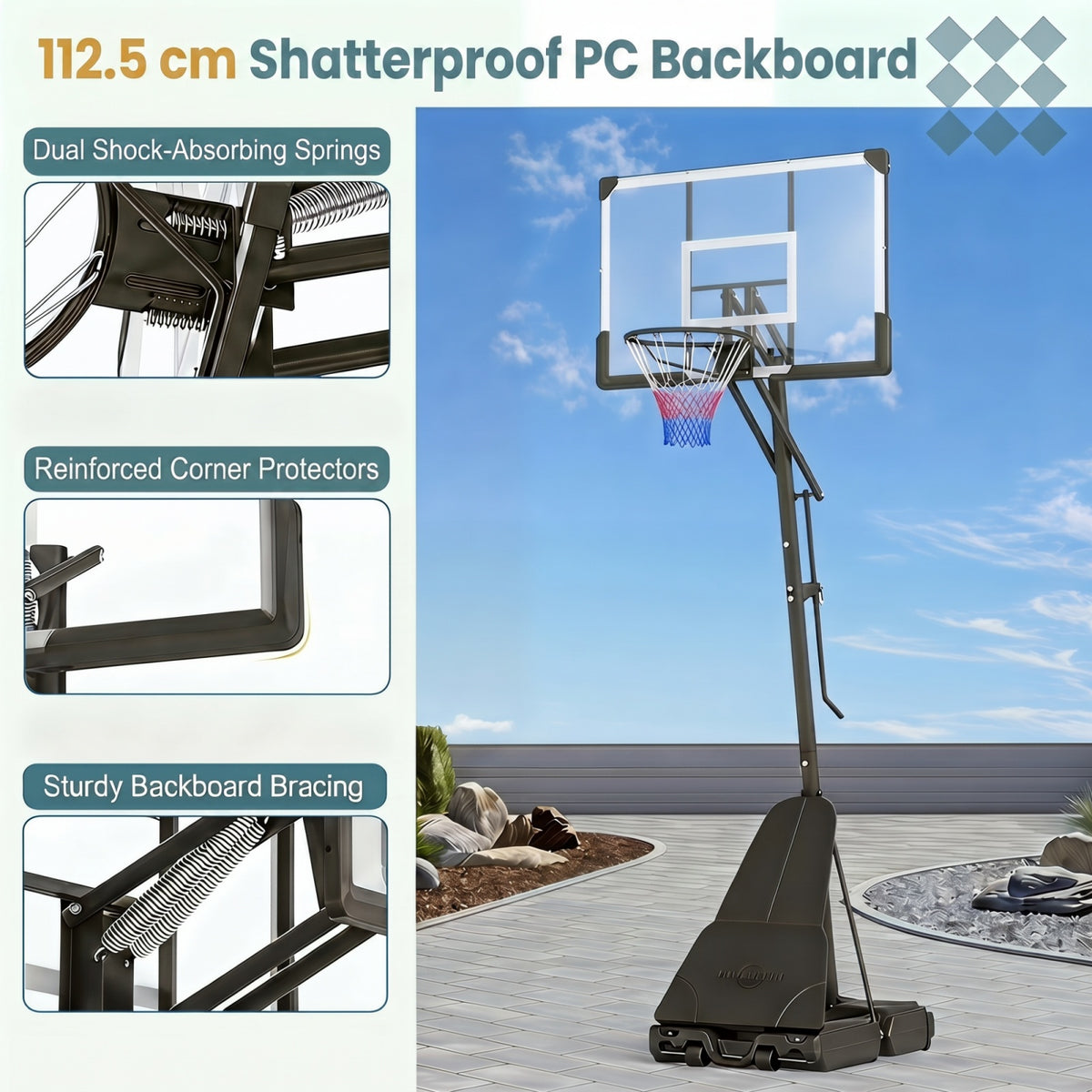 Close up of the shatterproof backboard features on the portable hoop