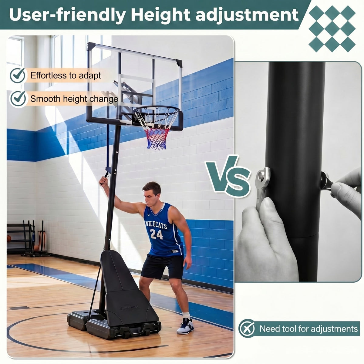 Man adjusting the height of the portable basketball hoop