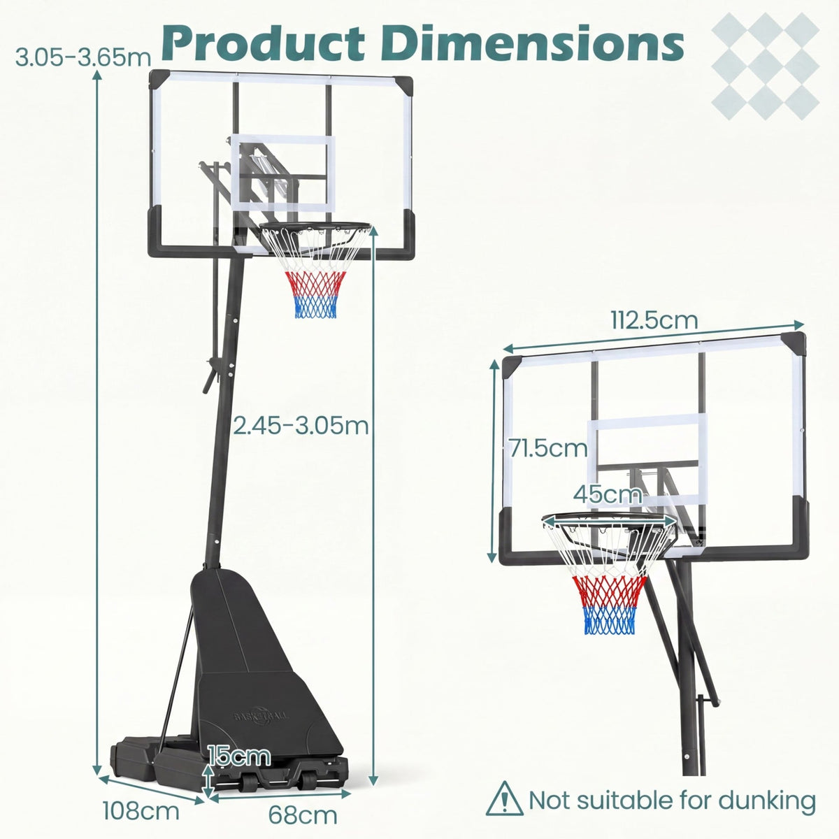 Diagram showing the dimensions of the portable basketball hoop