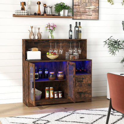 2-Door Wine Bar Cabinet with LED Lights and Charging Station for Kitchen-Rustic Brown