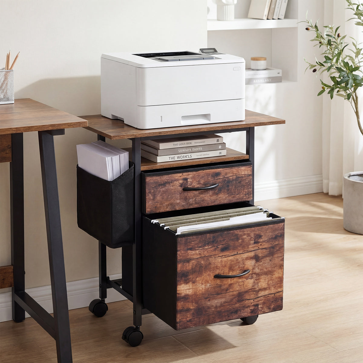 2-Drawer Mobile File Cabinet with Extended Tabletop and Rolling Printer Stand-Brown