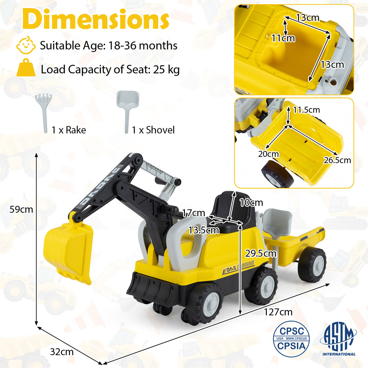 The push car with labels showing dimensions and included accessories