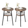 2 Pack 2-Tier Wooden Round Side Table with Storage Shelf-Brown