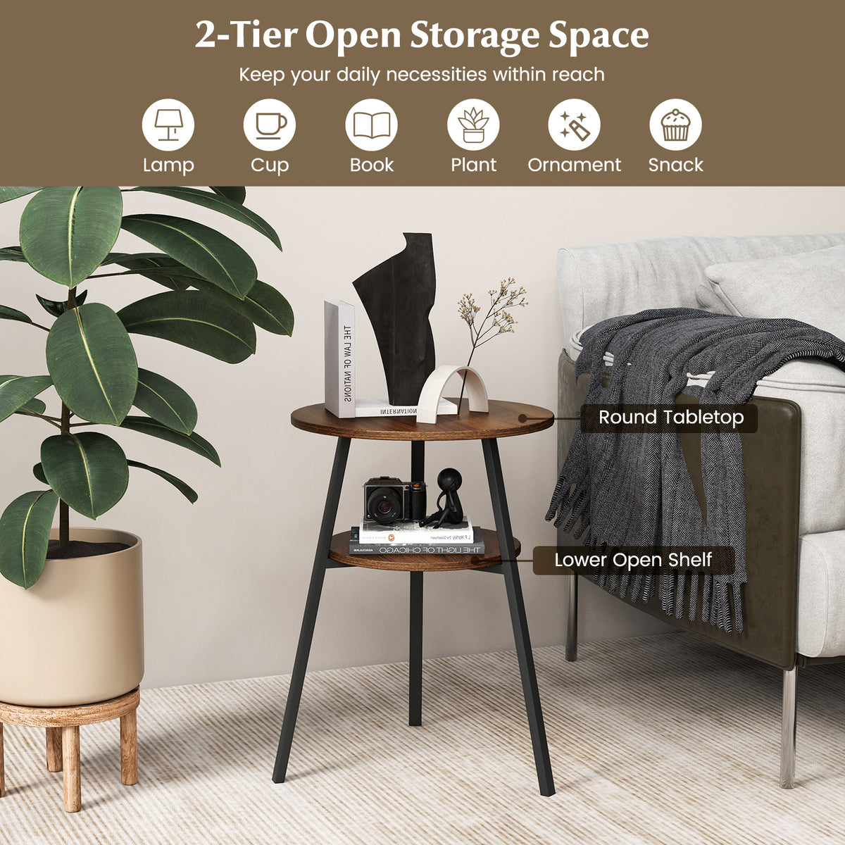 2 Pack 2-Tier Wooden Round Side Table with Storage Shelf-Walnut
