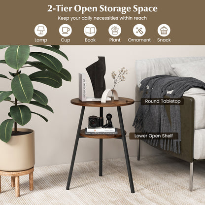 2 Pack 2-Tier Wooden Round Side Table with Storage Shelf-Walnut