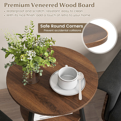 2 Pack 2-Tier Wooden Round Side Table with Storage Shelf-Walnut