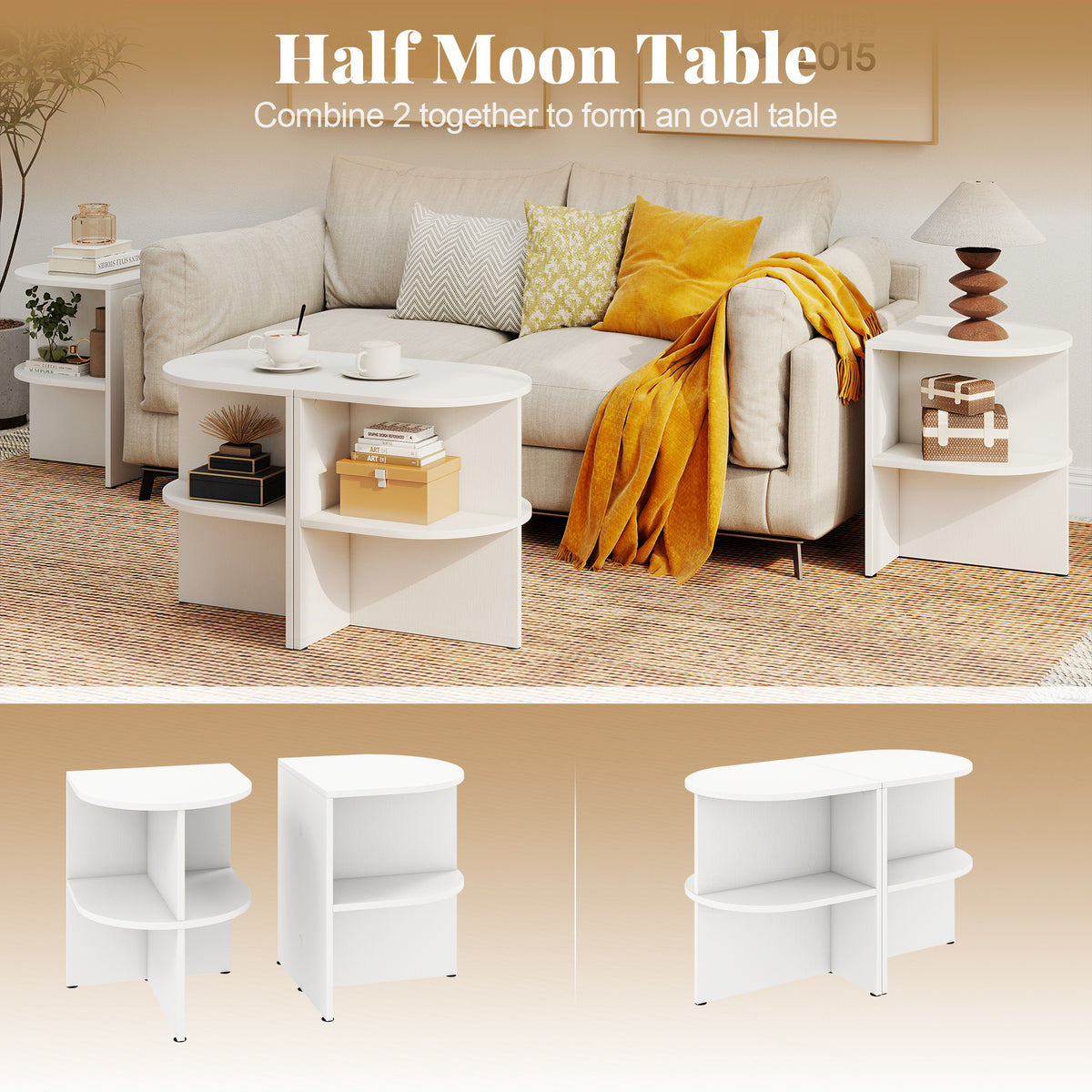 2 Pack Half Round End Table 2-Tier Half Moon Side Table with Open Shelves-White