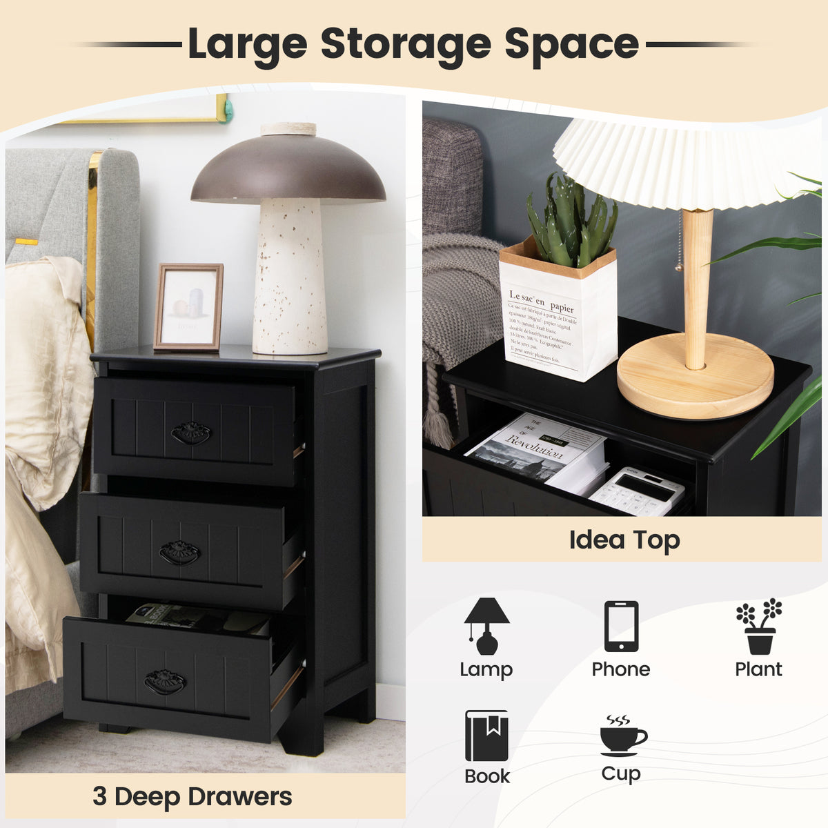 2 Pack Vintage 3-Tier Nightstand with Exquisite Metal Handles-Black