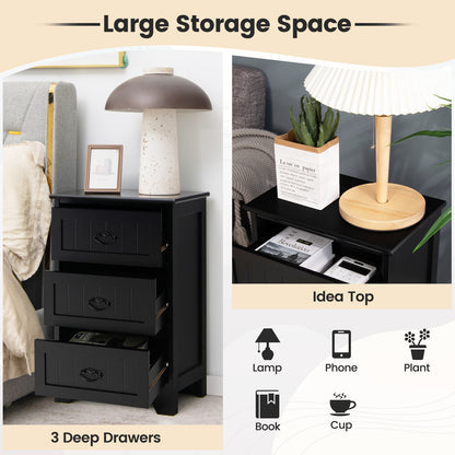 2 Pack Vintage 3-Tier Nightstand with Exquisite Metal Handles-Black