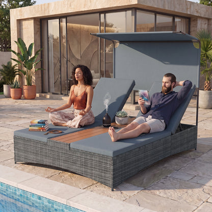 2-Person Rattan Sun Lounger with Canopy and Central Table-Grey