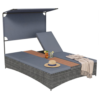 2-Person Rattan Sun Lounger with Canopy and Central Table-Grey