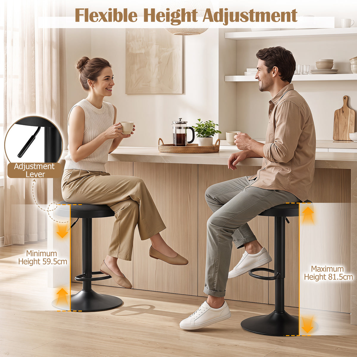 2 Piece Kitchen Bar Stool with Height Adjustment and D-Shaped Footrest-Black