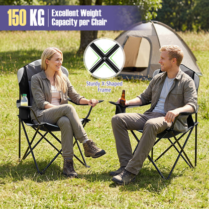 2 Pieces Folding Camping Chairs for Adults with Cup Holders-Black