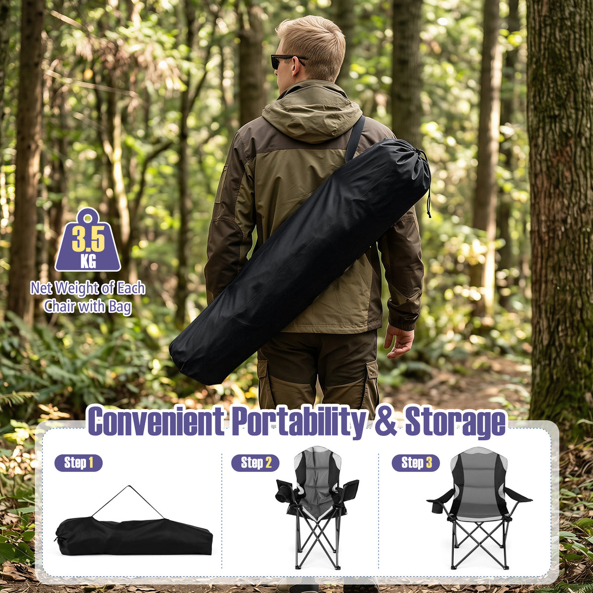 2 Pieces Folding Camping Chairs for Adults with Cup Holders-Black