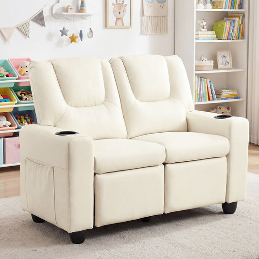 Beige kids recliner sofa with cup holders and side pockets in a nursery room