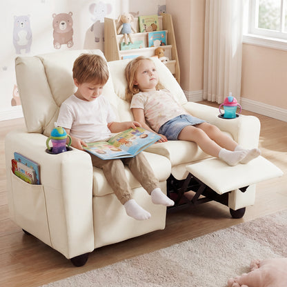 2-Seater Kids Recliner with Cup Holders & Storage Pockets and Adjustable Backrest-Beige