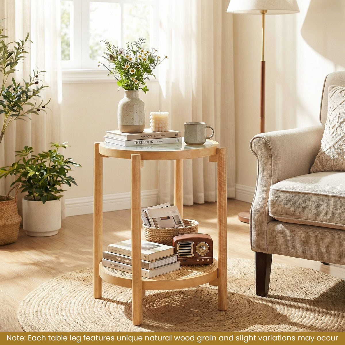 2-Tier Boho End Table with Tempered Glass Top for Living Room-Natural