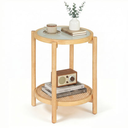 2-Tier Boho End Table with Tempered Glass Top for Living Room-Natural