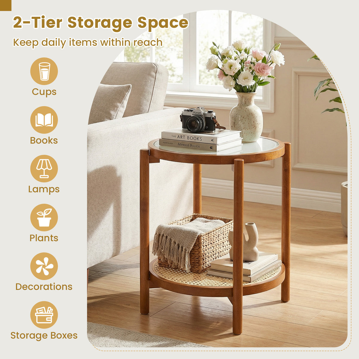 2-Tier Boho End Table with Tempered Glass Top for Living Room-Walnut