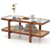2-Tier Coffee Table with Storage Rectangular Center Table with Tempered Glass Top-Brown
