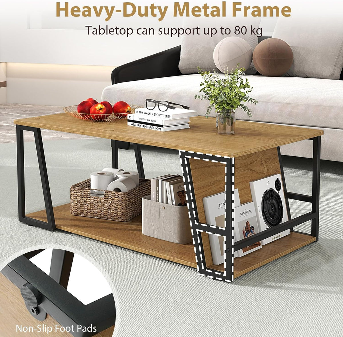 2-Tier Coffee Table with Storage Shelf and Open Compartment-Natural