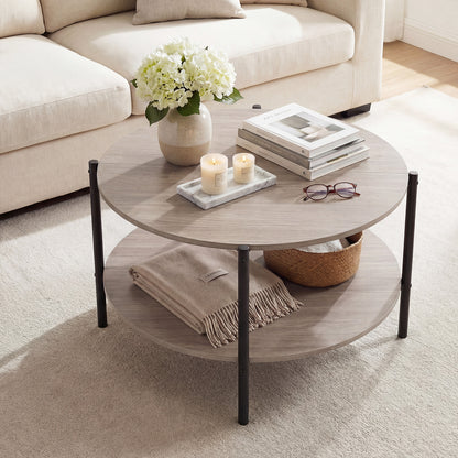 2-Tier Industrial Round Coffee Table with Open Storage Shelf-Grey